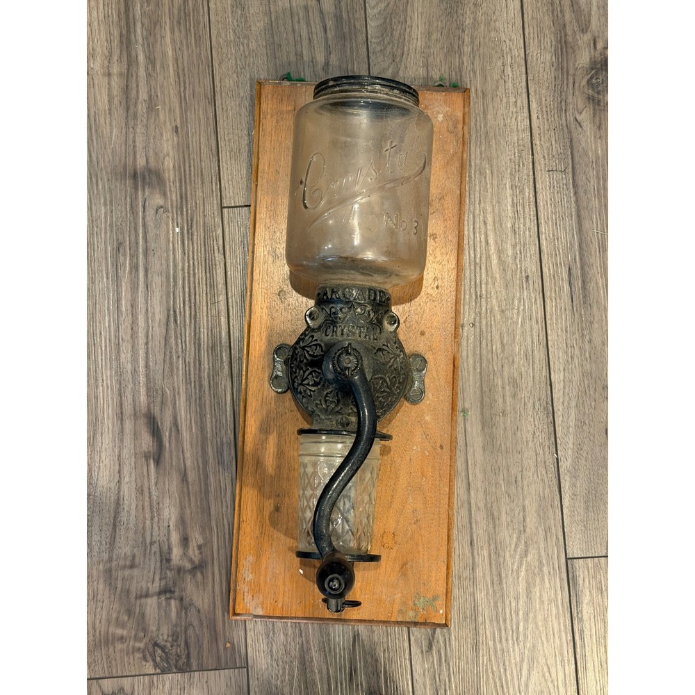 Antique Arcade Crystal No 3 Wall Mount Coffee Grinder Mill Cast Iron - WORKING